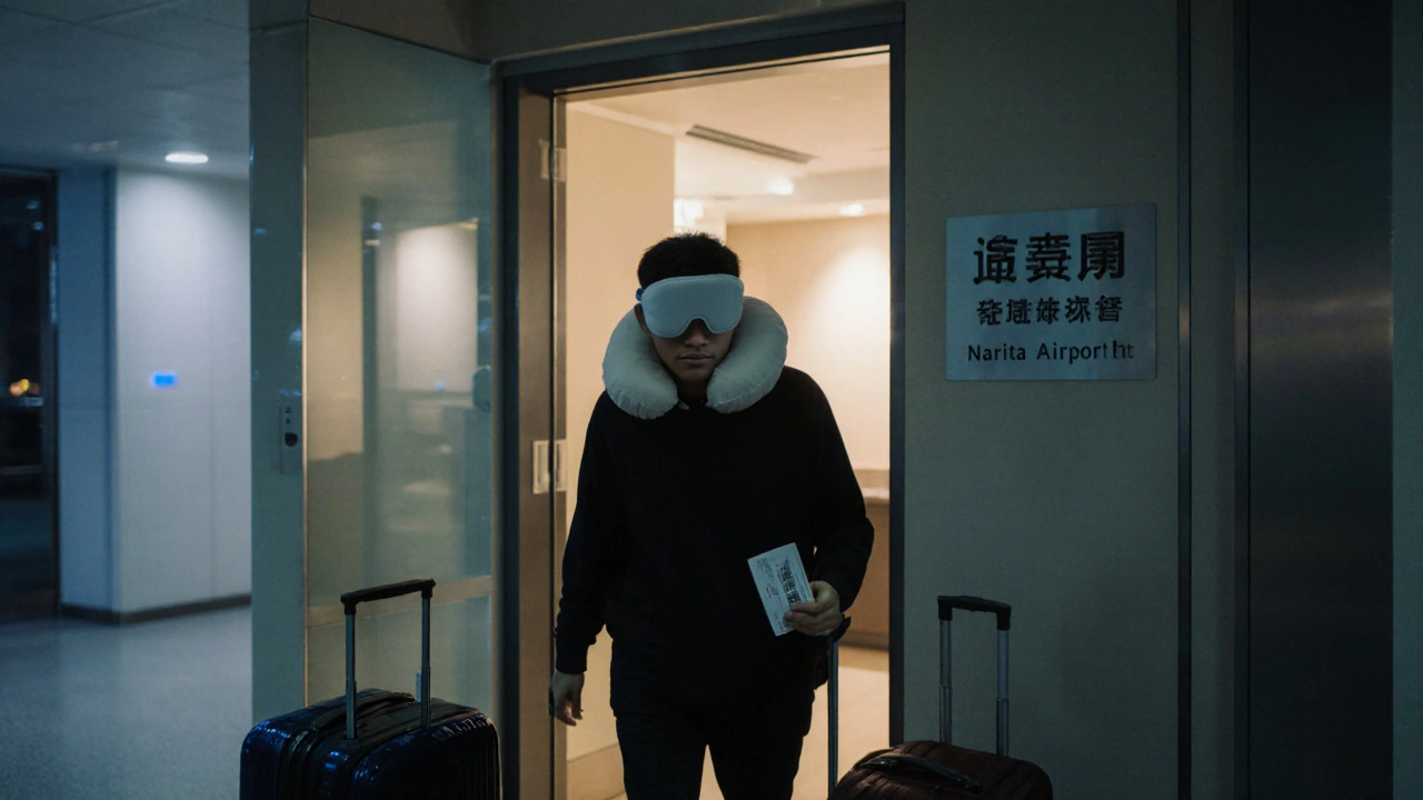 Traveler approaching a connected airport hotel entrance with luggage, ready for a restful night.