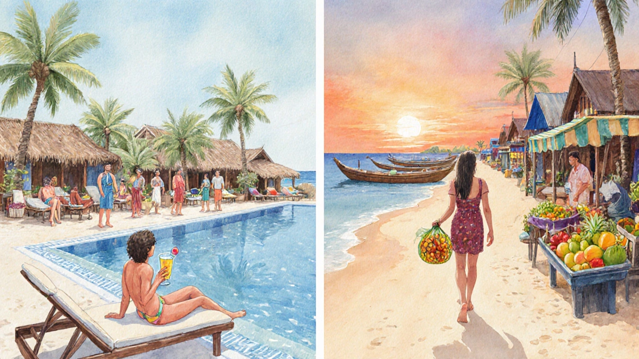 Two travelers: one at a resort pool, another walking a quiet beach with fresh fruit from a local market at sunset.