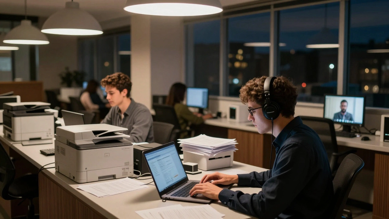 A 24-hour business center with multiple travelers using printers, scanners, and video conferencing equipment.