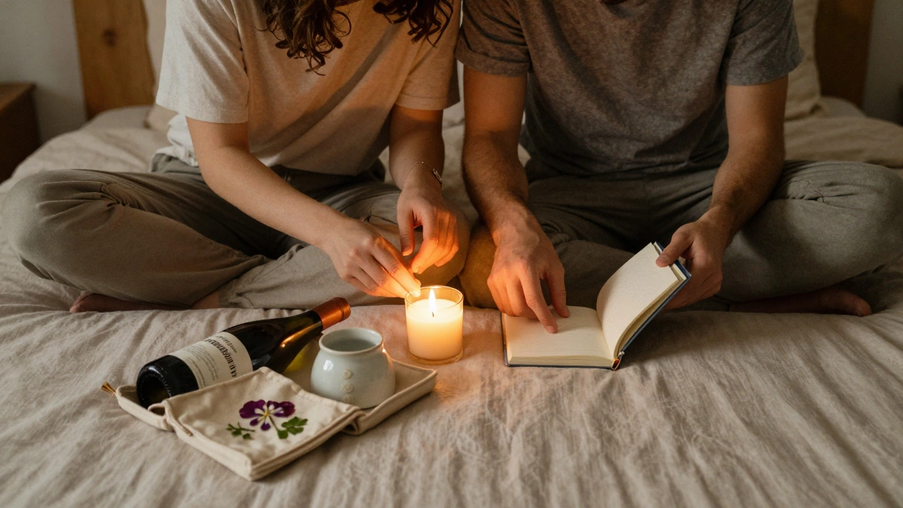A couple sharing a quiet moment beside an open intimacy kit with wine, a ceramic holder, and a journal on a bed.