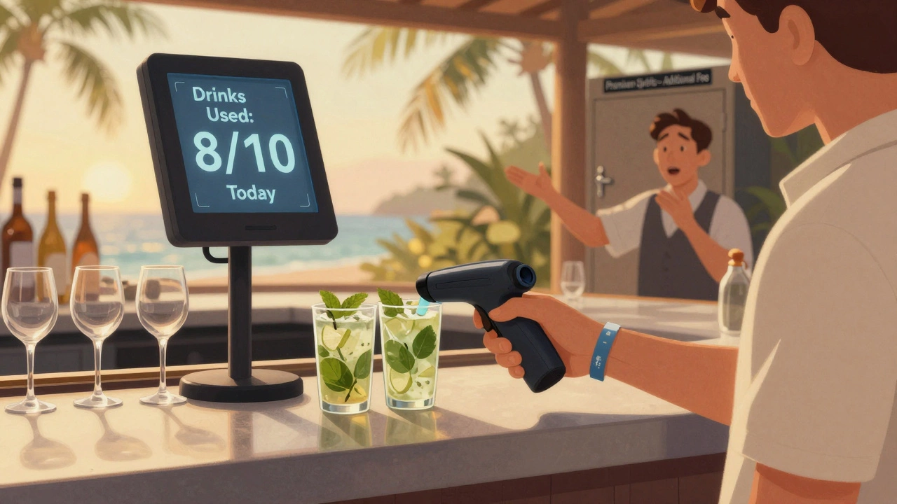 A guest&#039;s wristband being scanned at a bar, showing drink limit with house cocktails nearby and premium spirits locked away.