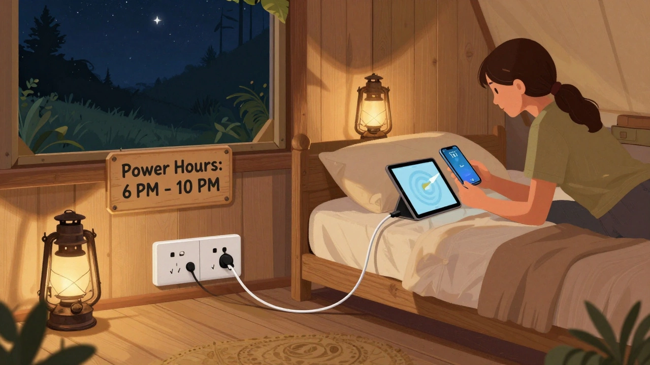 A guest charging devices at a wooden desk beside a bed, with oil lanterns and stars visible through the window.