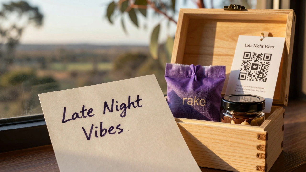 A handwritten note and QR code beside a wooden box containing local chocolates, lavender, and a wine bottle in a wilderness lodge setting.