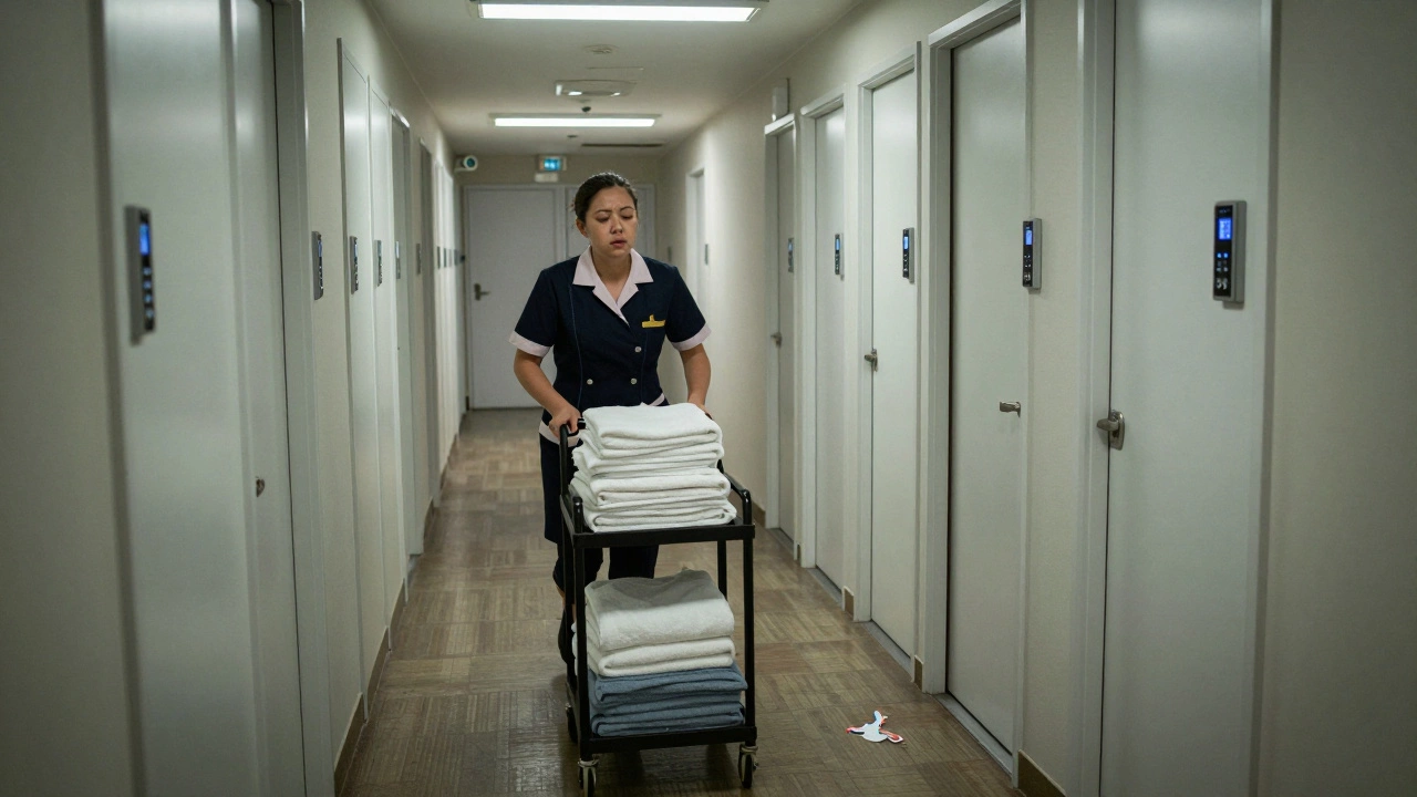 A housekeeper rushing down a love hotel corridor at night with a cleaning cart, passing numbered doors under harsh fluorescent lights.