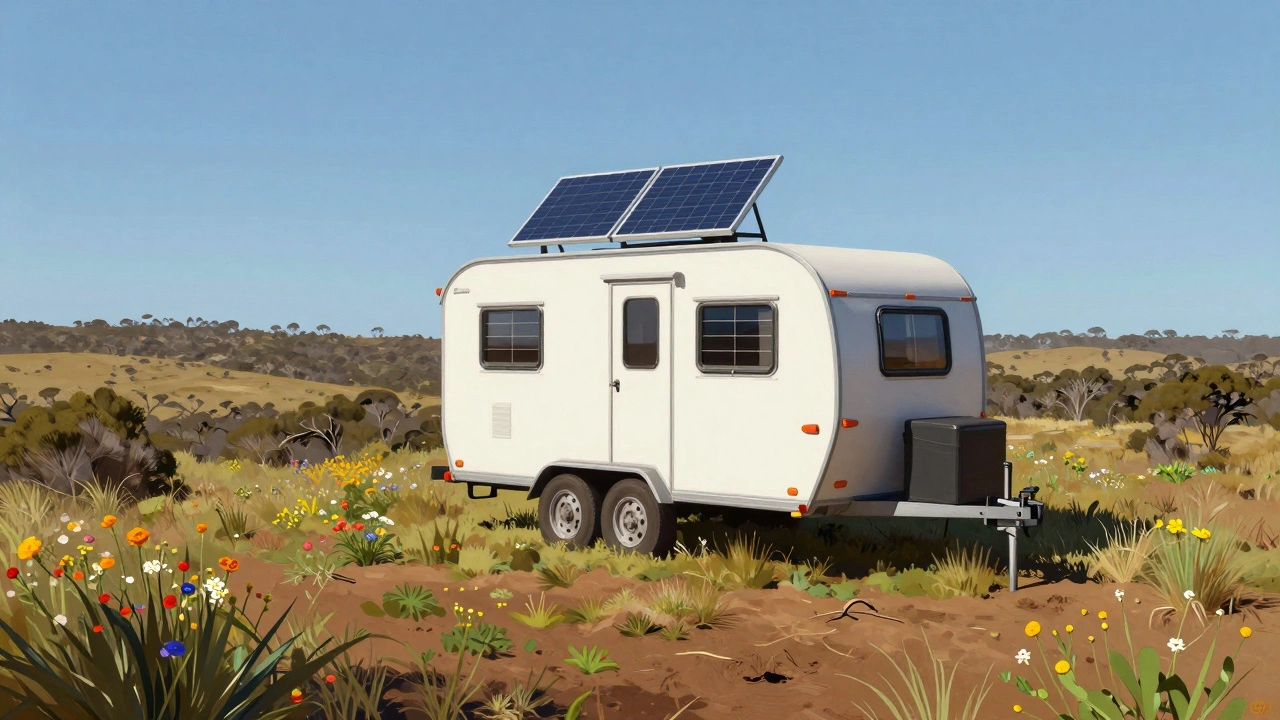 A mobile tiny house on a hill with no foundation, powered by solar panels and resting on untouched land.