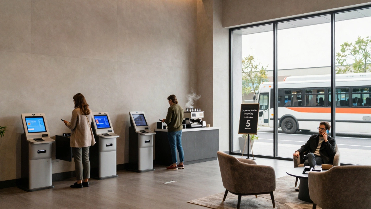 A quiet hotel lobby at dawn with guests checking in via kiosks and a shuttle bus waiting outside.