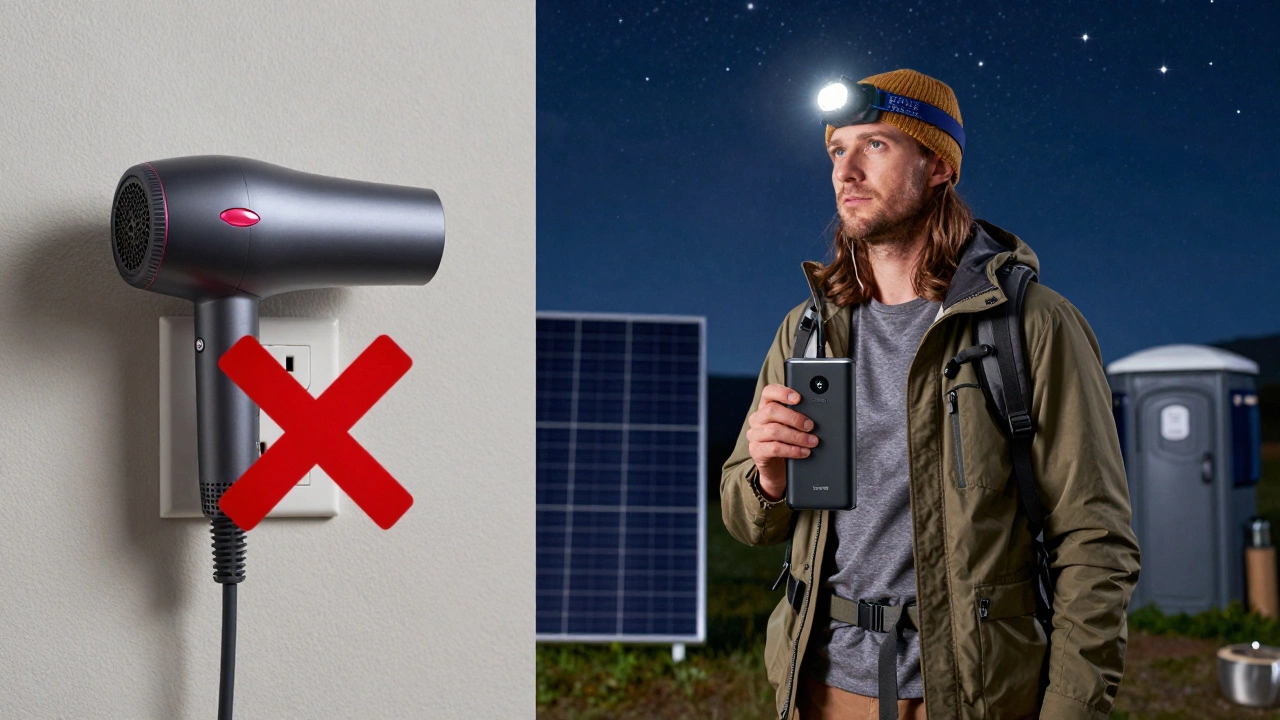 A split image contrasting a banned hair dryer with a traveler using a power bank under the stars.