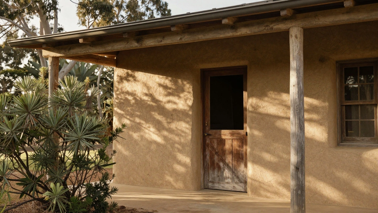 A straw bale home with clay-plastered walls and wide eaves, surrounded by native Australian plants.