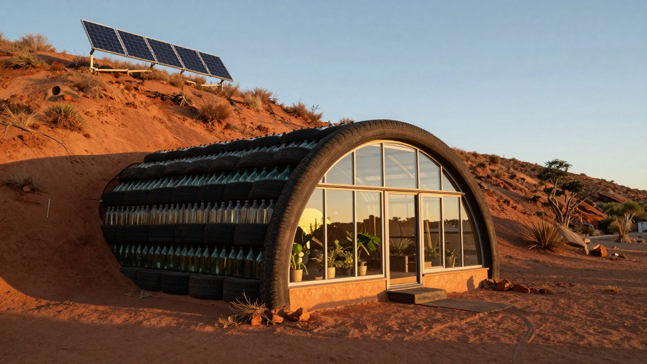 An Earthship home made of recycled tires and glass bottles, embedded into a desert hillside with a greenhouse front.