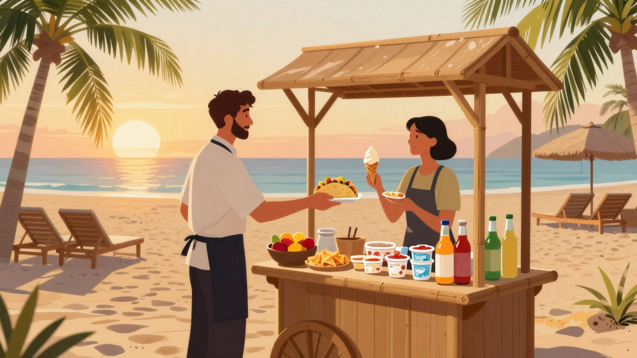 Beachside snack station offering tacos and ice cream at sunset, with fruit and drinks on a bamboo cart.
