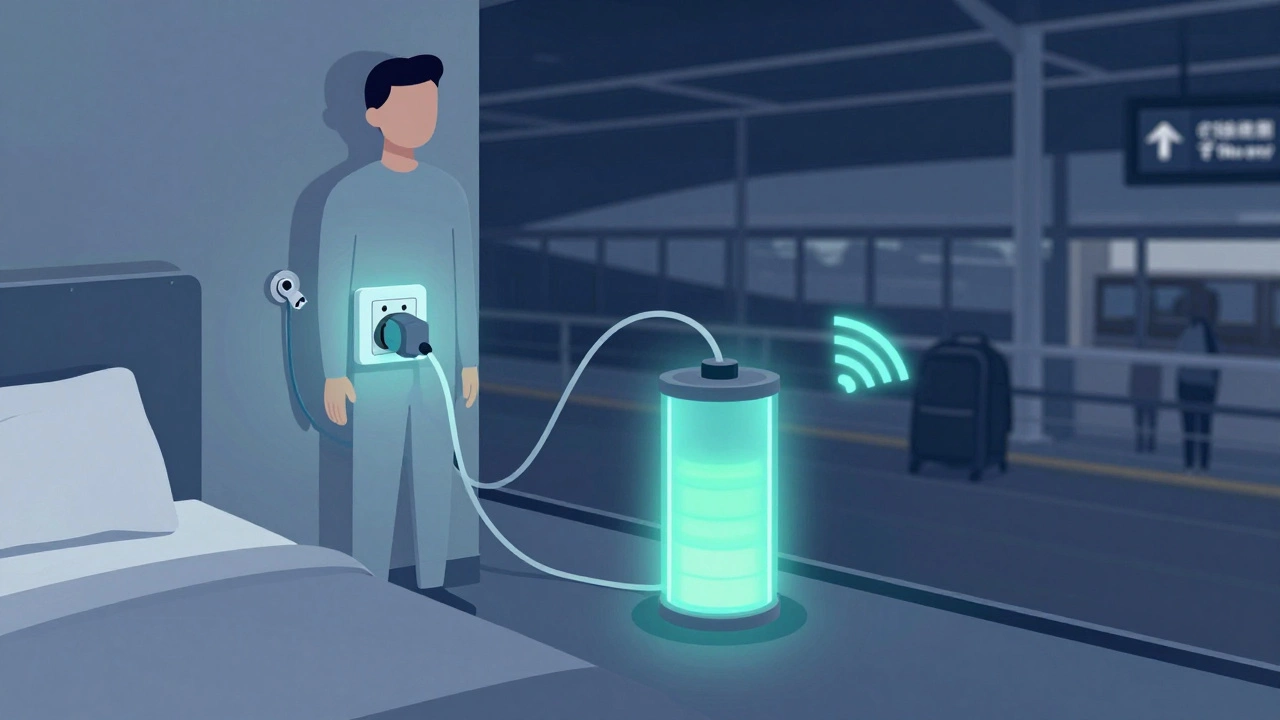 Conceptual image of a person as a battery recharging in a hotel room with travel symbols.