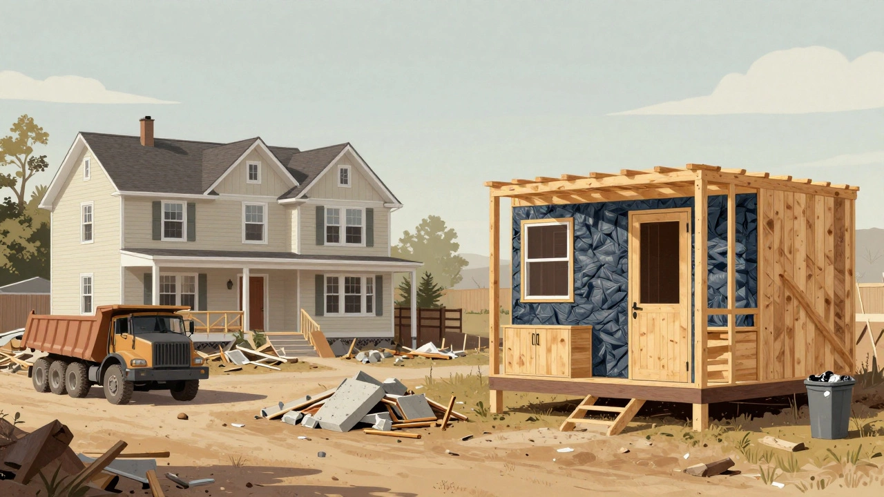 Contrast between massive home construction waste and a tiny house built with reclaimed materials.