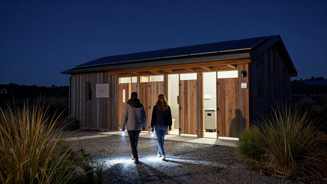 Couples walking at night with flashlights toward a shared bathroom building in a natural glamping site.