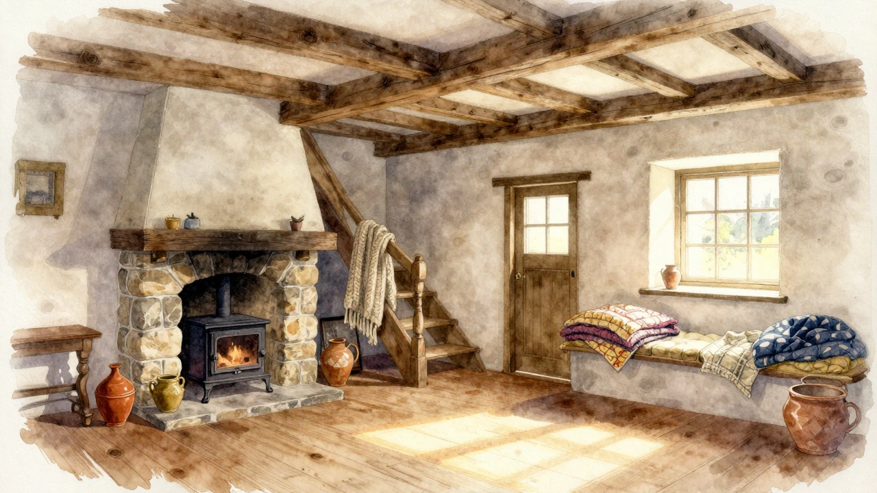Cozy interior of a cottage with exposed beams, stone fireplace, and window seat bathed in sunlight.