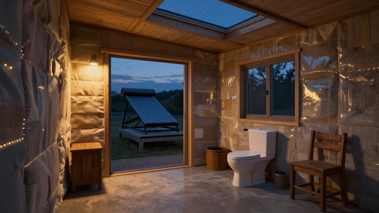 Cozy interior of an off-grid home with concrete floor, recycled insulation, and passive solar water heater at dusk.