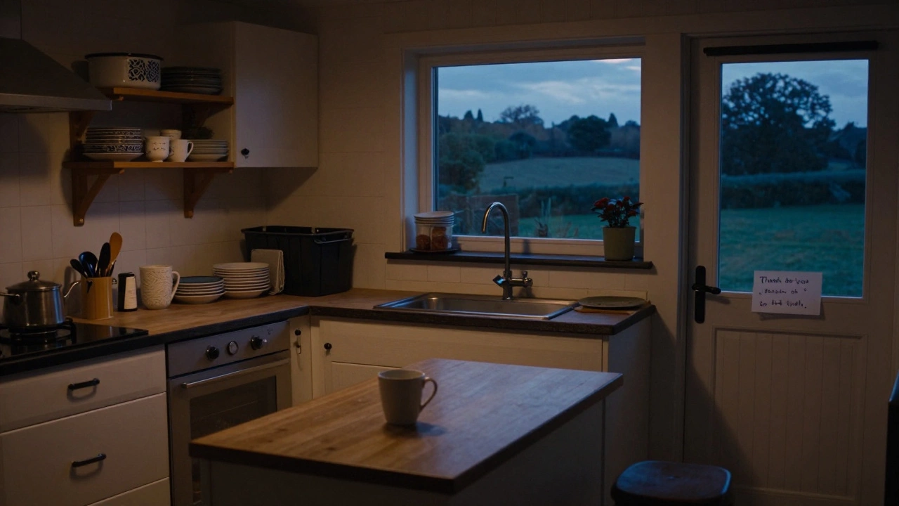 Empty but tidy self-catered kitchen at dusk, with a single coffee mug and handwritten note on the counter.