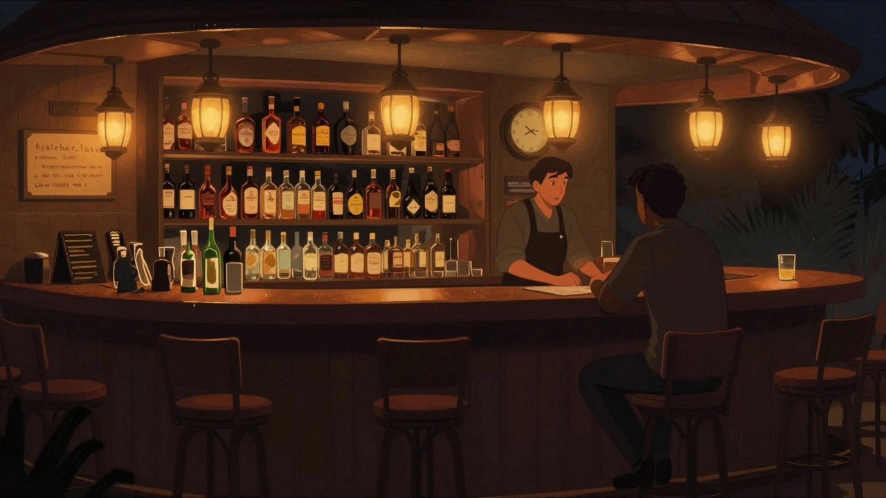 Empty resort bar at 1:30 a.m. with closed sign and bartender closing up.