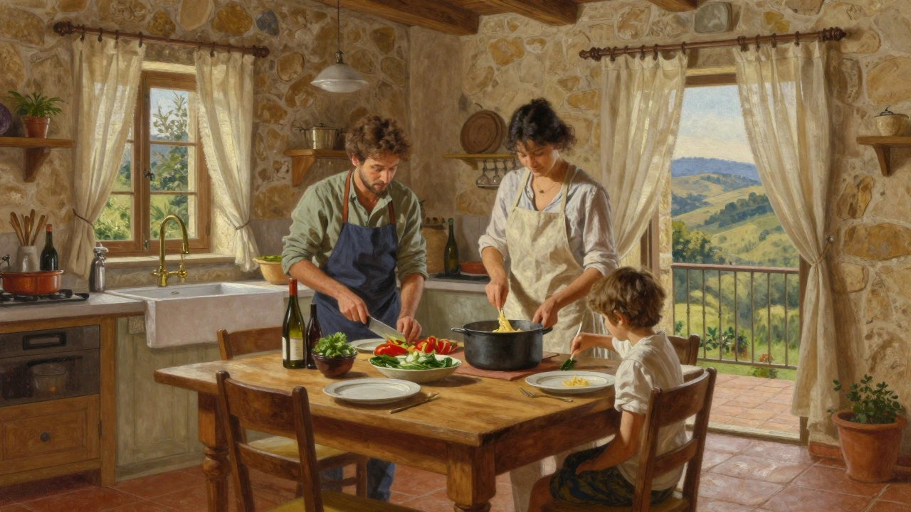 Family cooking together in a rustic villa kitchen, chopping vegetables and stirring pasta at a wooden table.