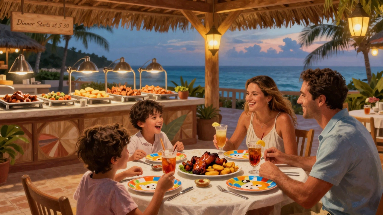 Family enjoying early dinner at a themed Caribbean buffet, children at a kids&#039; table with glowing lanterns overhead.
