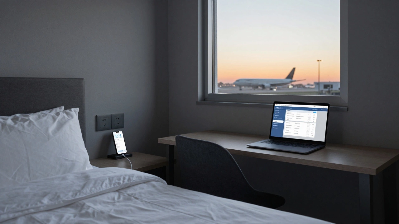 Minimalist airport hotel room at dawn with charging phone and window view of a plane.