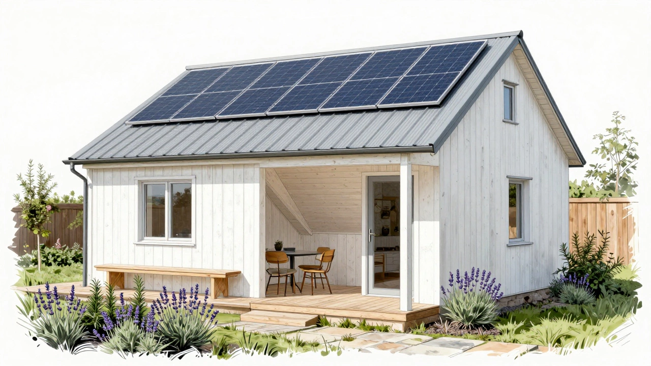 Modern cottage with traditional charm, wooden walls, sloped roof, and garden path leading to the front door.