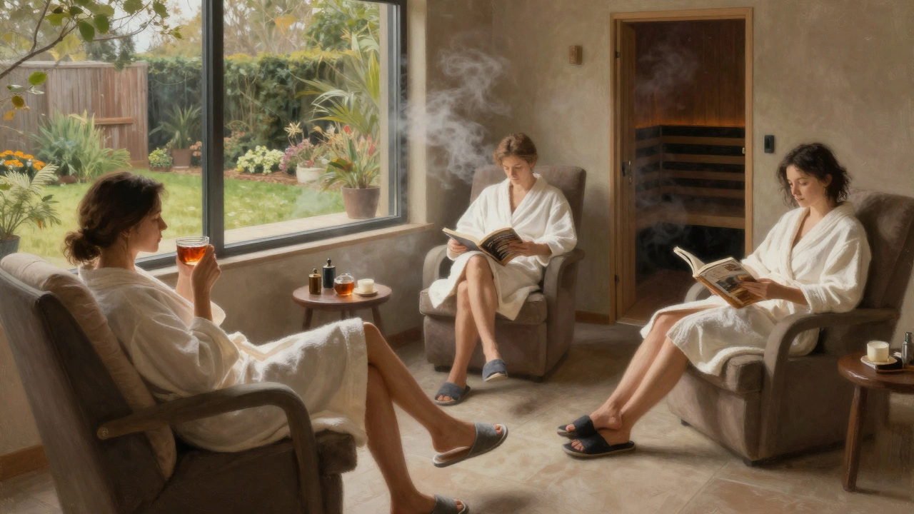 People relaxing in a spa lounge with robes and slippers, sipping tea and reading.