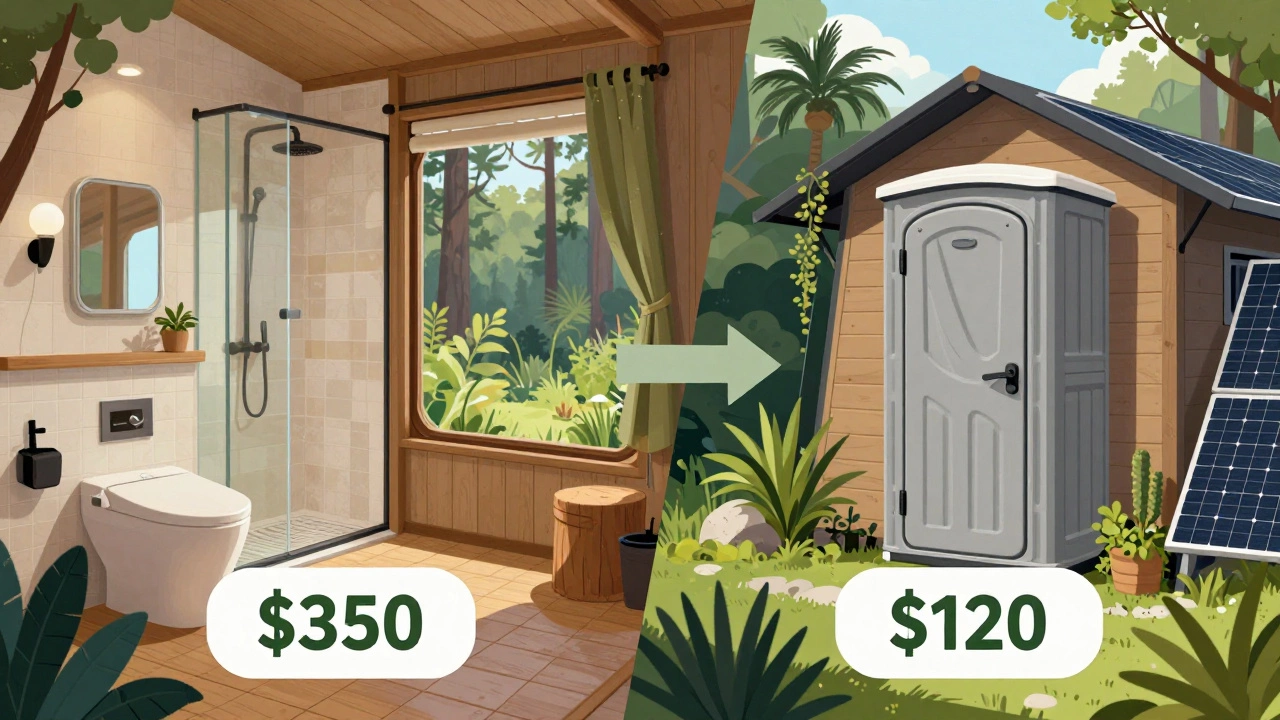 Split-screen comparison of luxury private bathroom versus eco-friendly composting toilet in glamping.