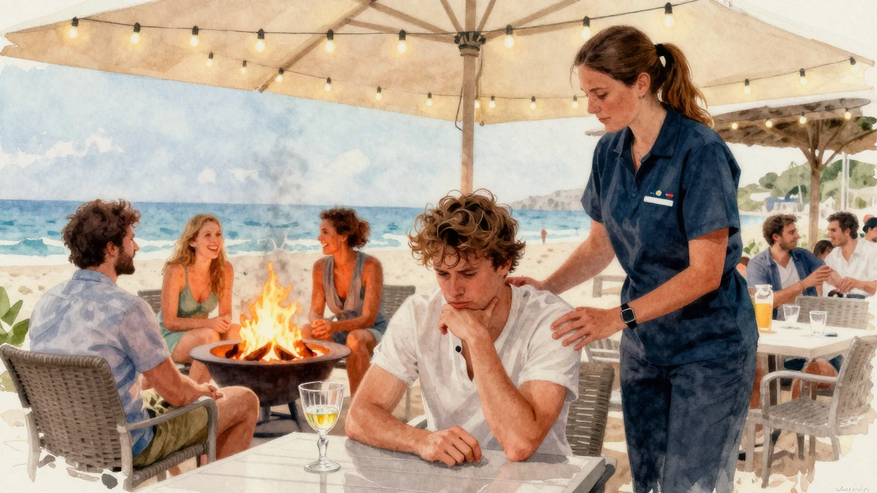 Staff gently guiding a guest to a resting area under string lights at night.