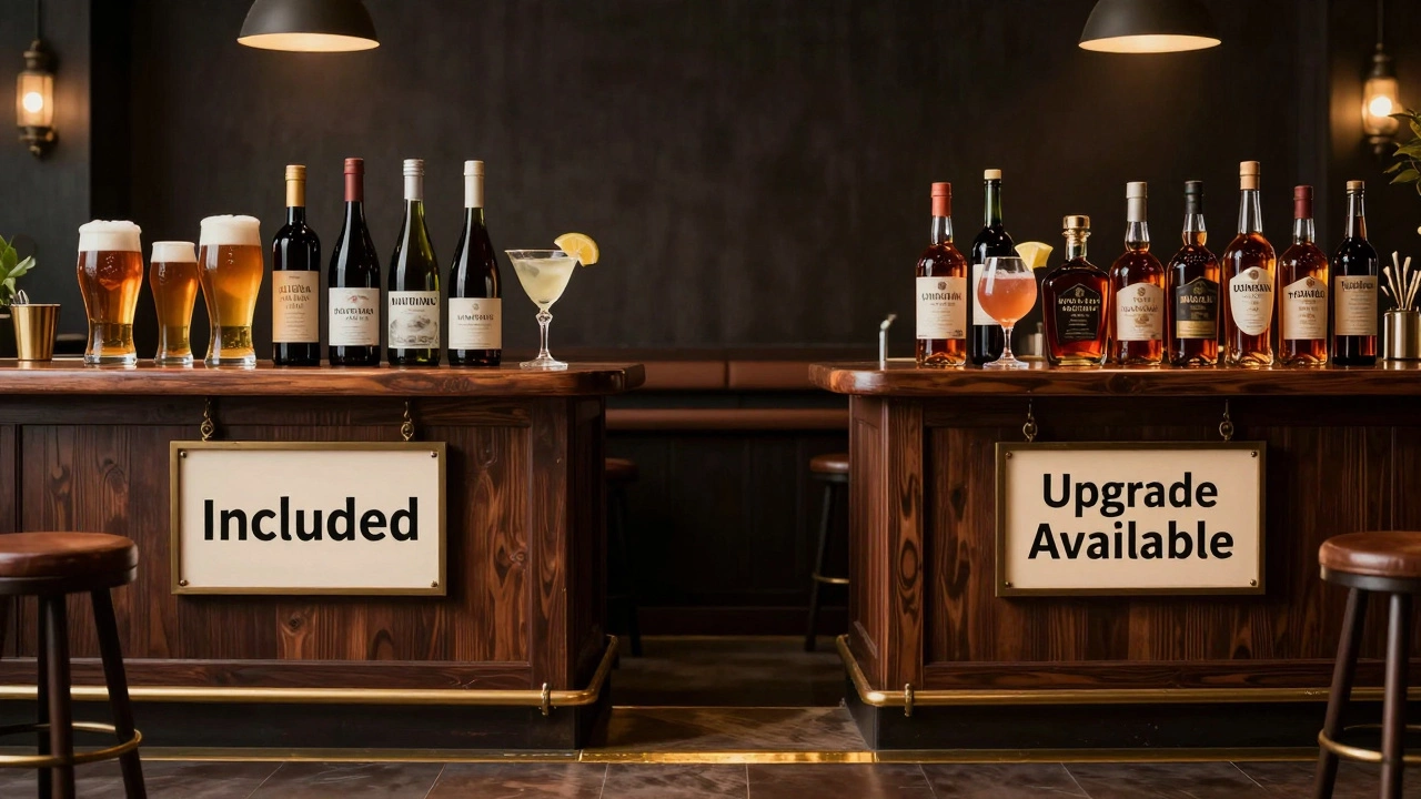 Two side-by-side bar counters: one with included drinks, the other with premium options marked for extra cost.