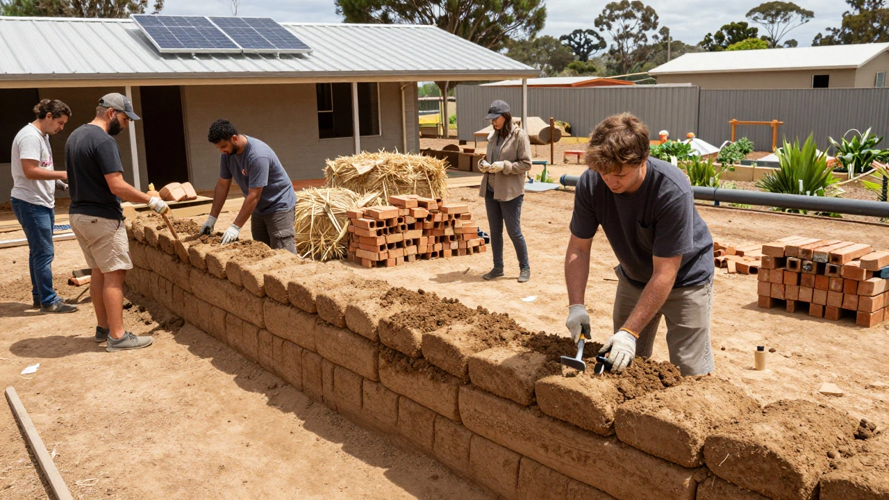 Volunteers building earthbag walls with local soil and recycled bricks in a community DIY construction project.
