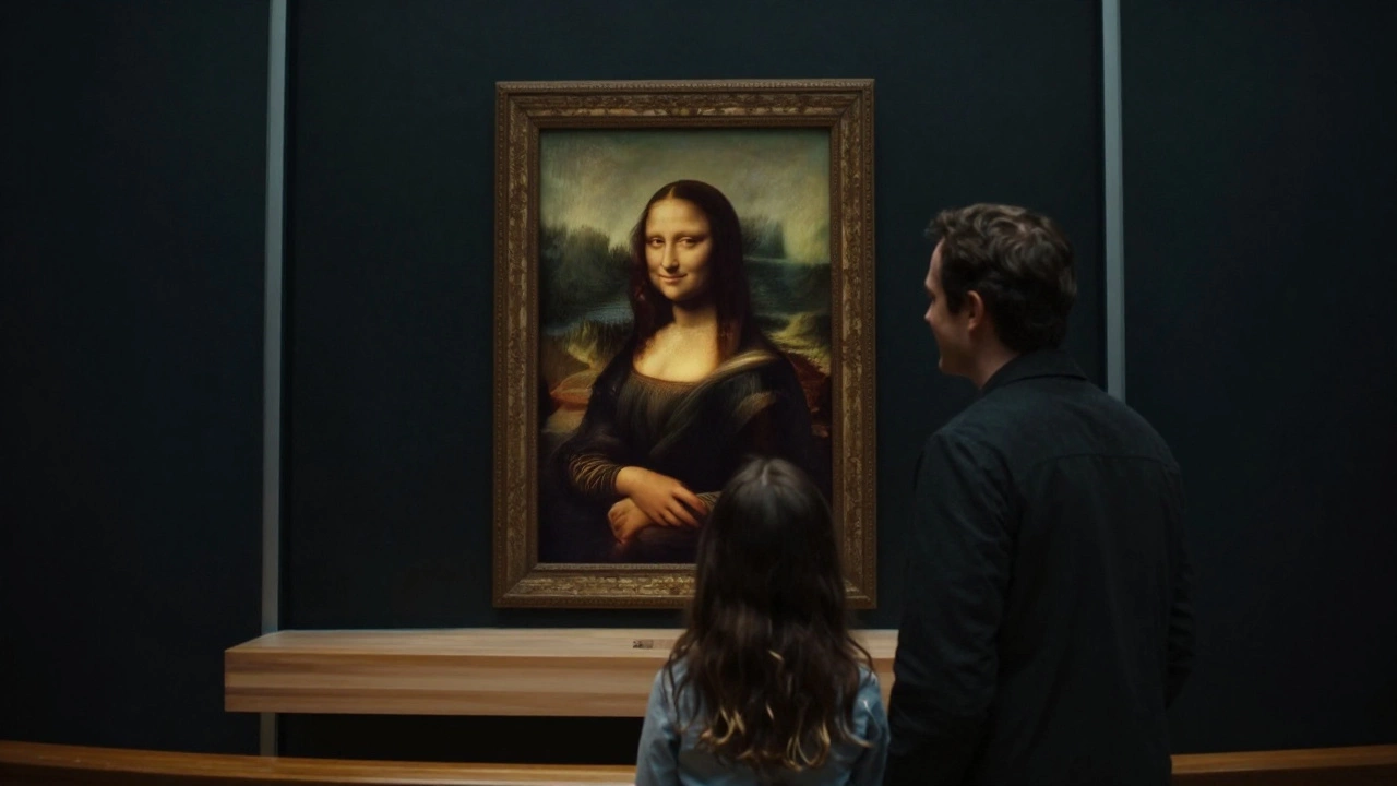 A father and daughter alone before the Mona Lisa in the Louvre, sharing a quiet, emotional moment.