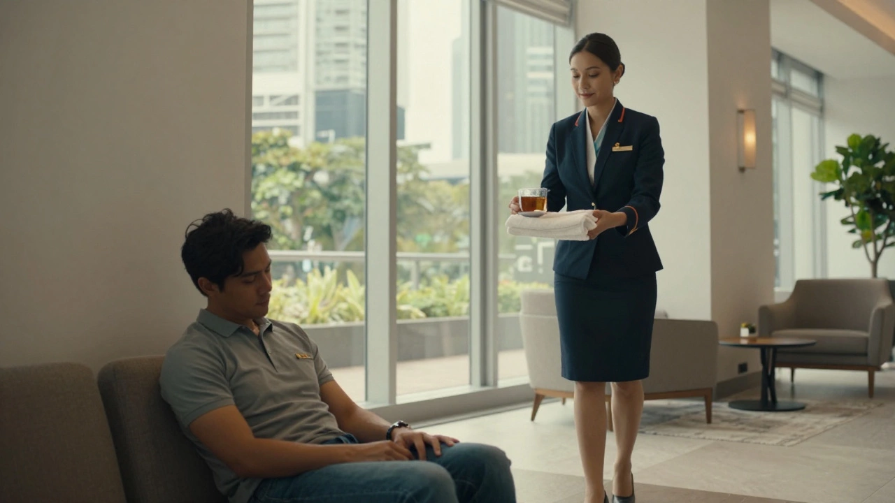 A Four Seasons concierge offering tea and a towel to a tired guest in a quiet hotel lobby.