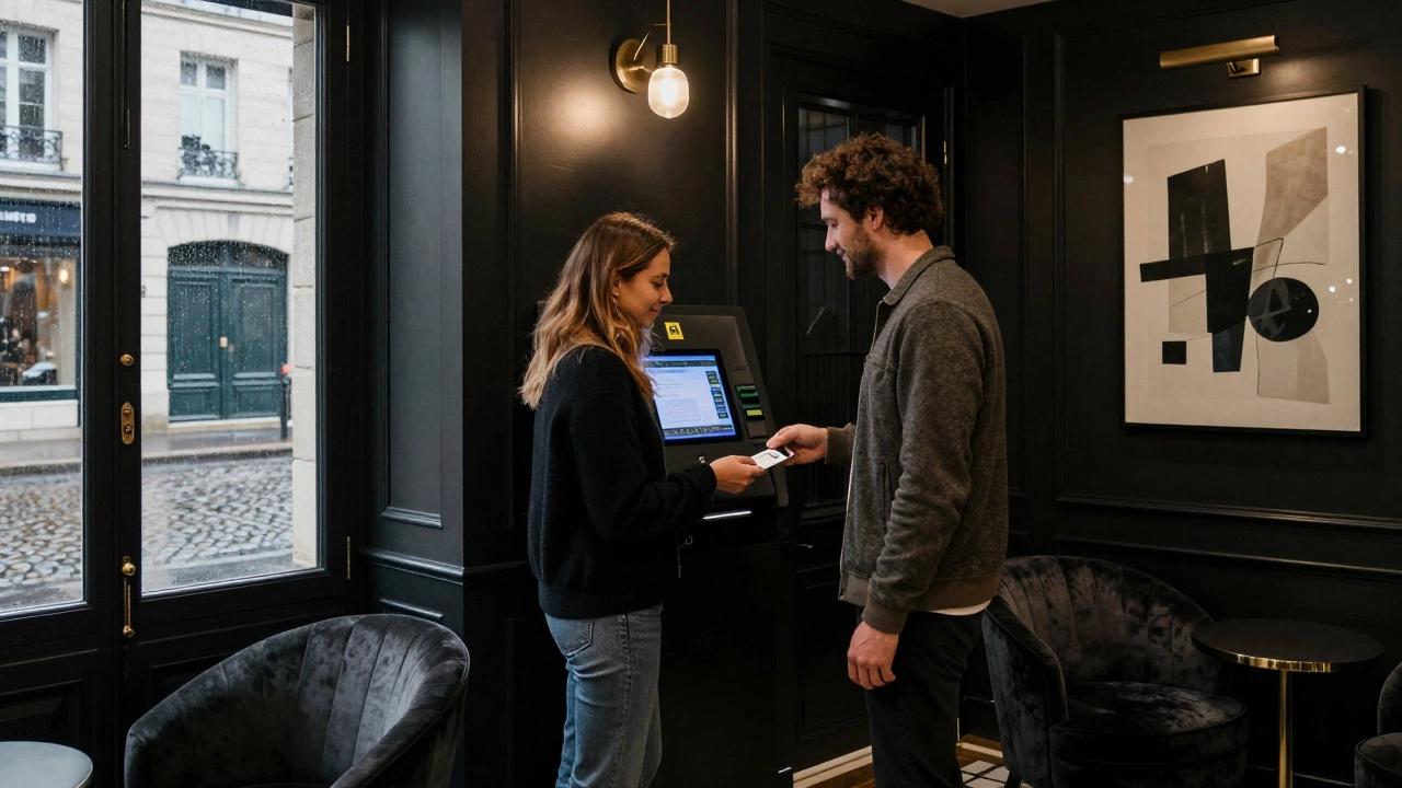 Couple checking into a discreet Parisian love hotel via touchscreen kiosk in a quiet lobby.