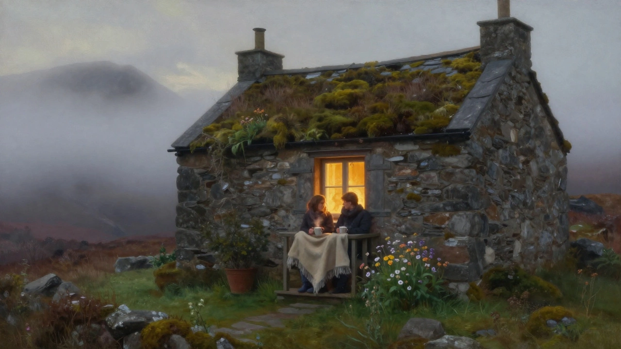 Couple in a stone cottage in the Scottish Highlands at dawn, warm light from window, misty mountains, shared tea.