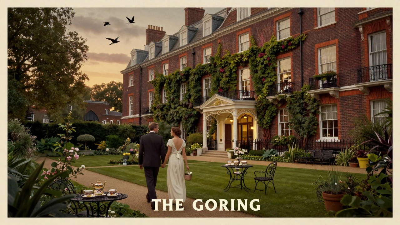 Couple walking in The Goring's garden at twilight, elegant hotel behind them, birds flying, vintage poster style.