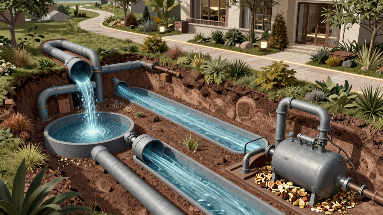 Cross-section showing geothermal pipes, rainwater systems, and biogas generator beneath a sustainable home.