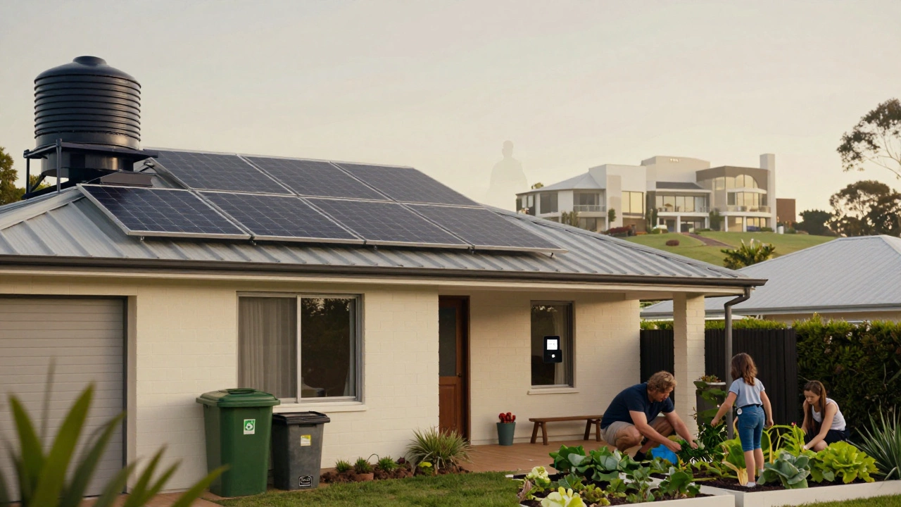 Family home with solar panels and compost bin, faint silhouette of luxury eco-estate in background.