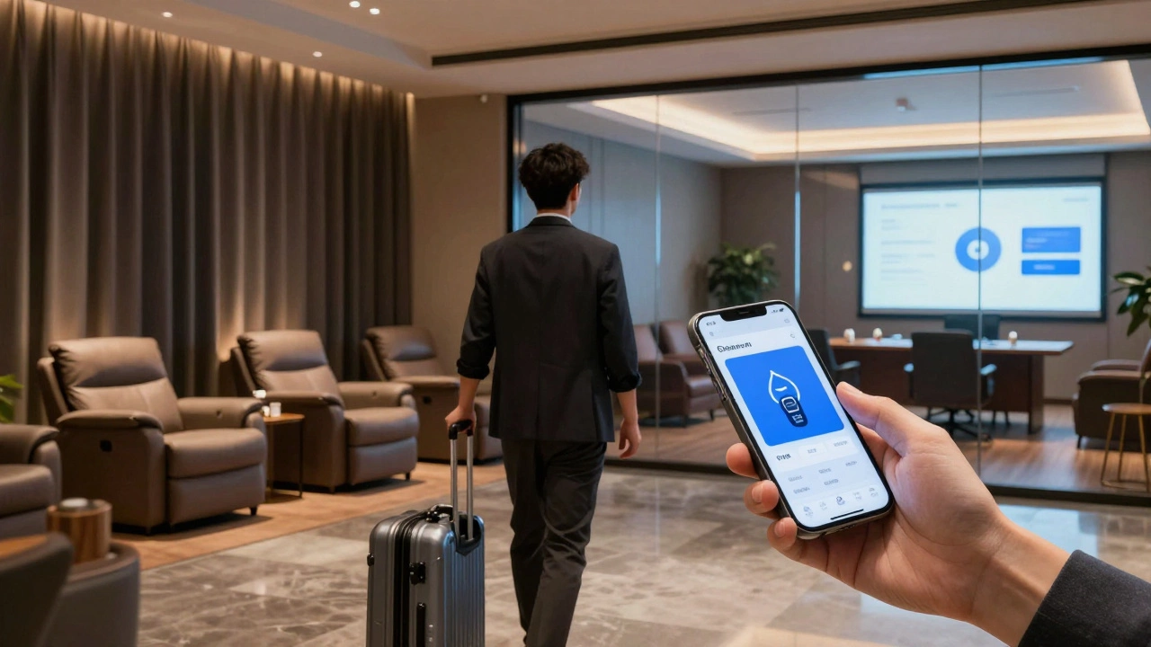 Guest checking in via smartphone as a quiet recovery lounge glows in the background.