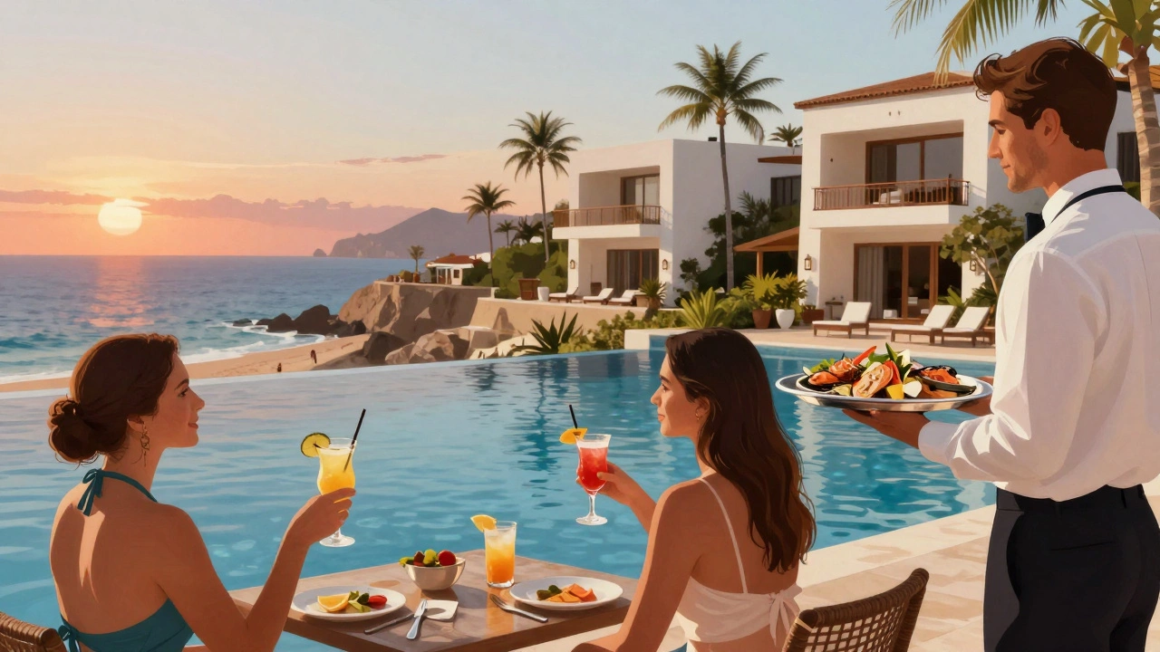Guests sipping cocktails by an infinity pool at Grand Velas Los Cabos with ocean view at sunset.