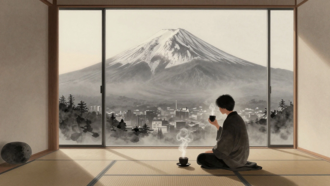 Minimalist Aman Tokyo room at dawn with Mount Fuji visible through floor-to-ceiling windows.