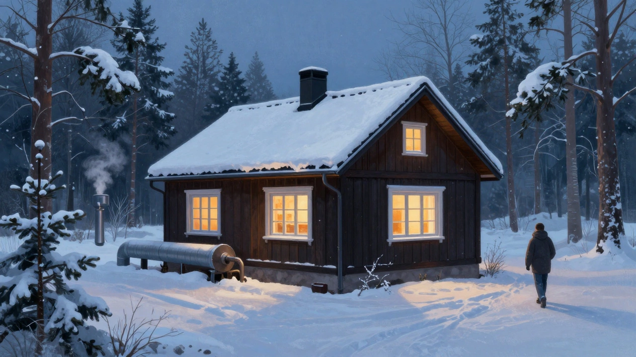 Passive House in snowy Sweden with steam from biomass boiler and warm interior glow amid evergreens.