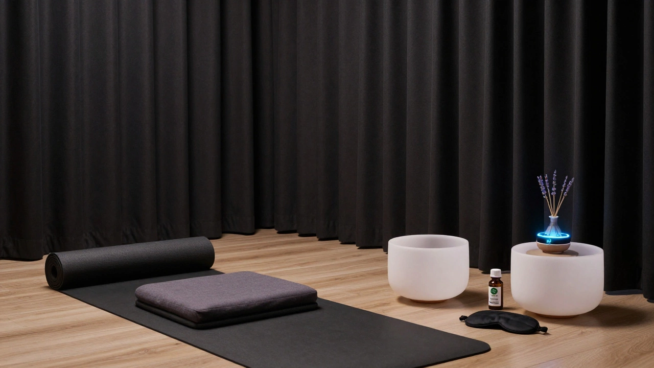 Serene wellness suite with blackout curtains, meditation cushion, and biophilic lighting for digital detox.