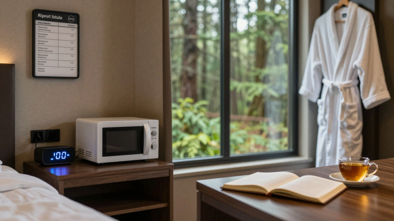 Split image contrasting a sterile airport hotel room with a serene resort bedroom opening to nature.