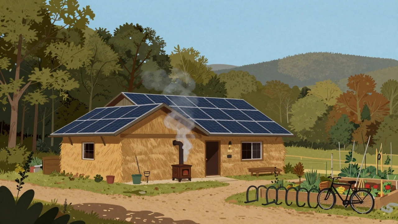 Straw-bale eco-home in Tennessee with wood stove, solar panels, and community garden under autumn skies.