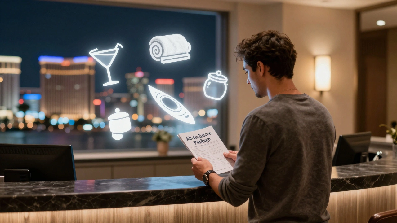 Traveler at Las Vegas check-in desk surrounded by icons representing extra charges in 'all-inclusive' packages.