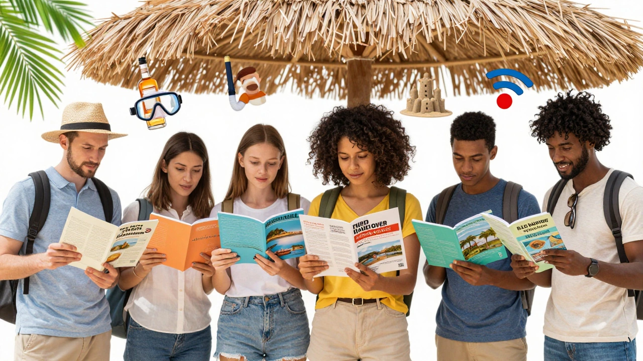 Travelers reviewing resort details with visual symbols of hidden fees and true inclusions.