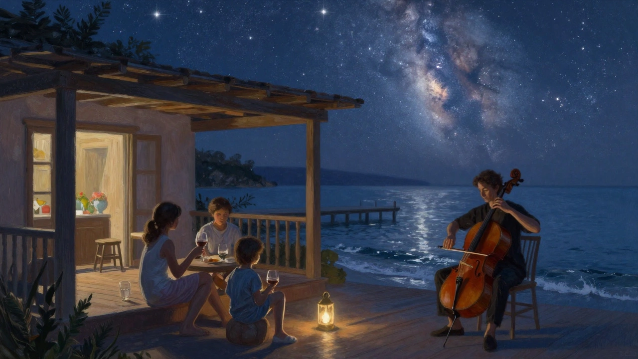 A family enjoys a private concert under starlit sky on a Bora Bora private island, cellist playing nearby.