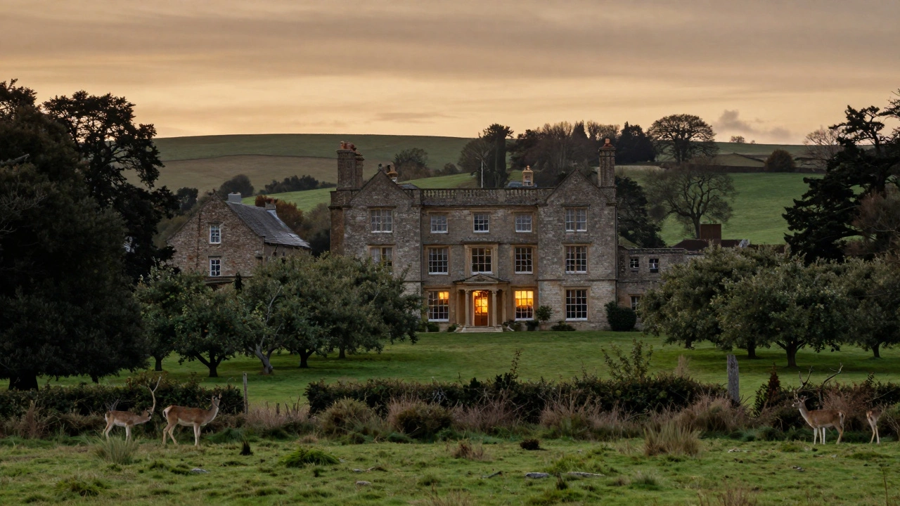 A historic country estate at dusk with meadows, ancient trees, and a deer near the woods, hinting at centuries of land stewardship.