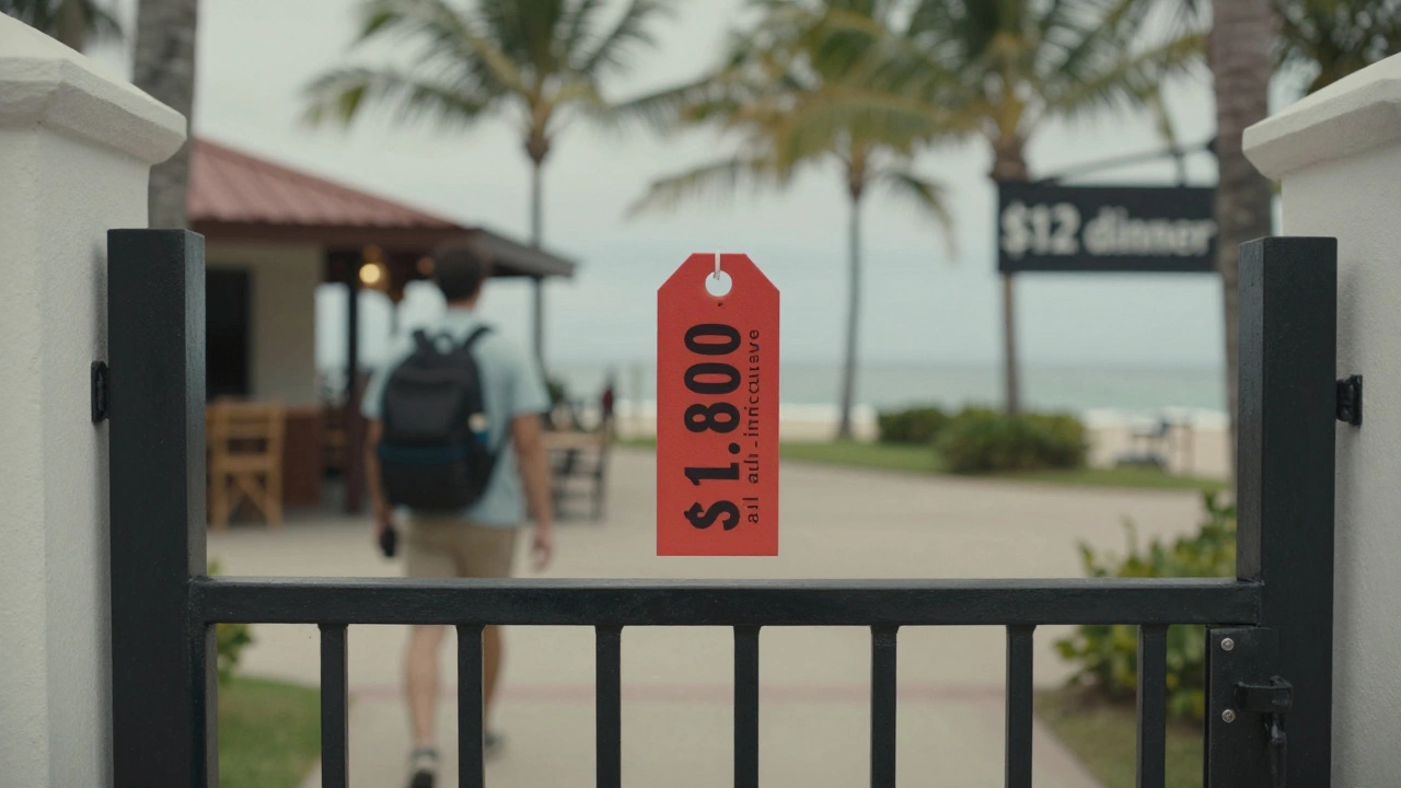 A locked resort gate with an all-inclusive price tag versus a traveler heading to a local restaurant outside.