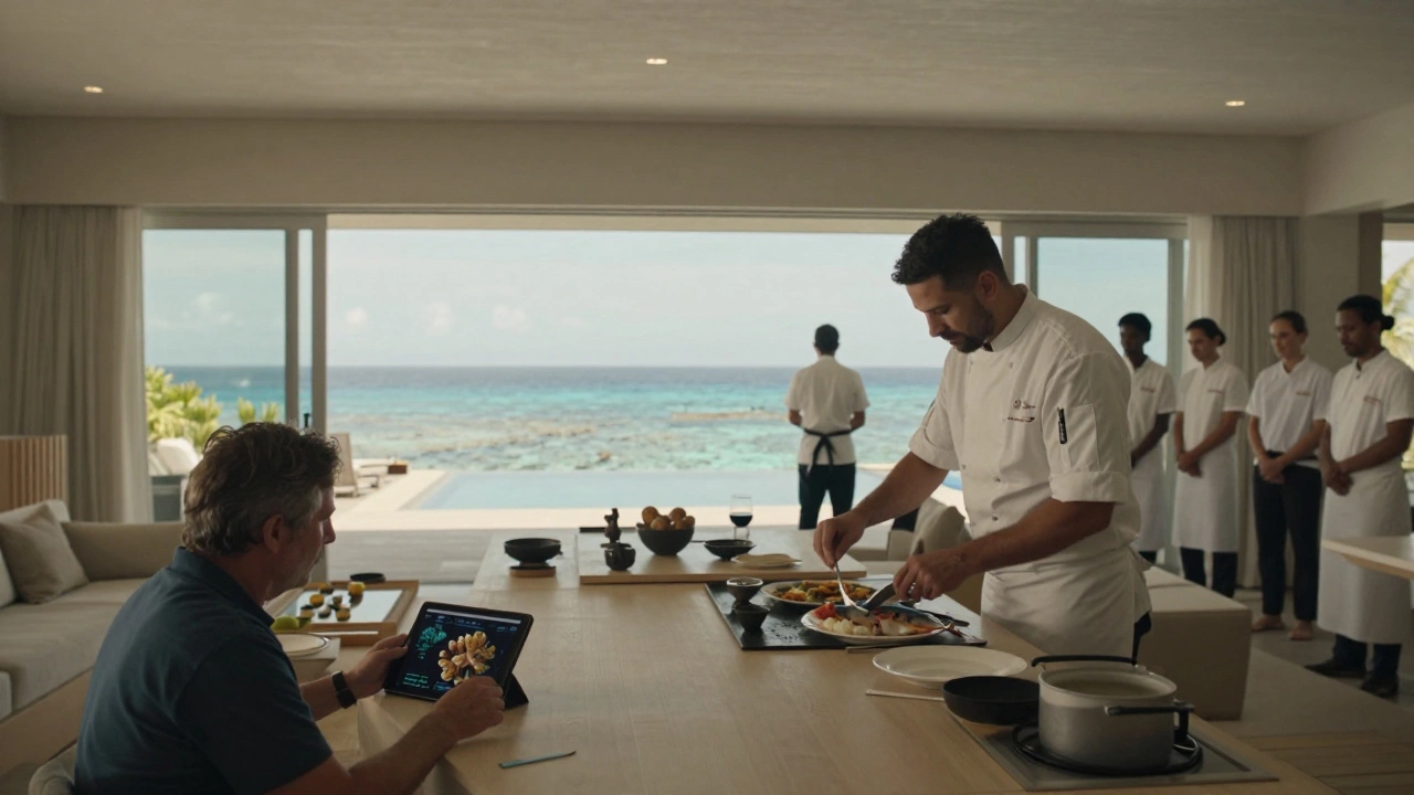 A personal chef prepares fresh seafood in a luxury villa, marine biologist observing coral data in background.